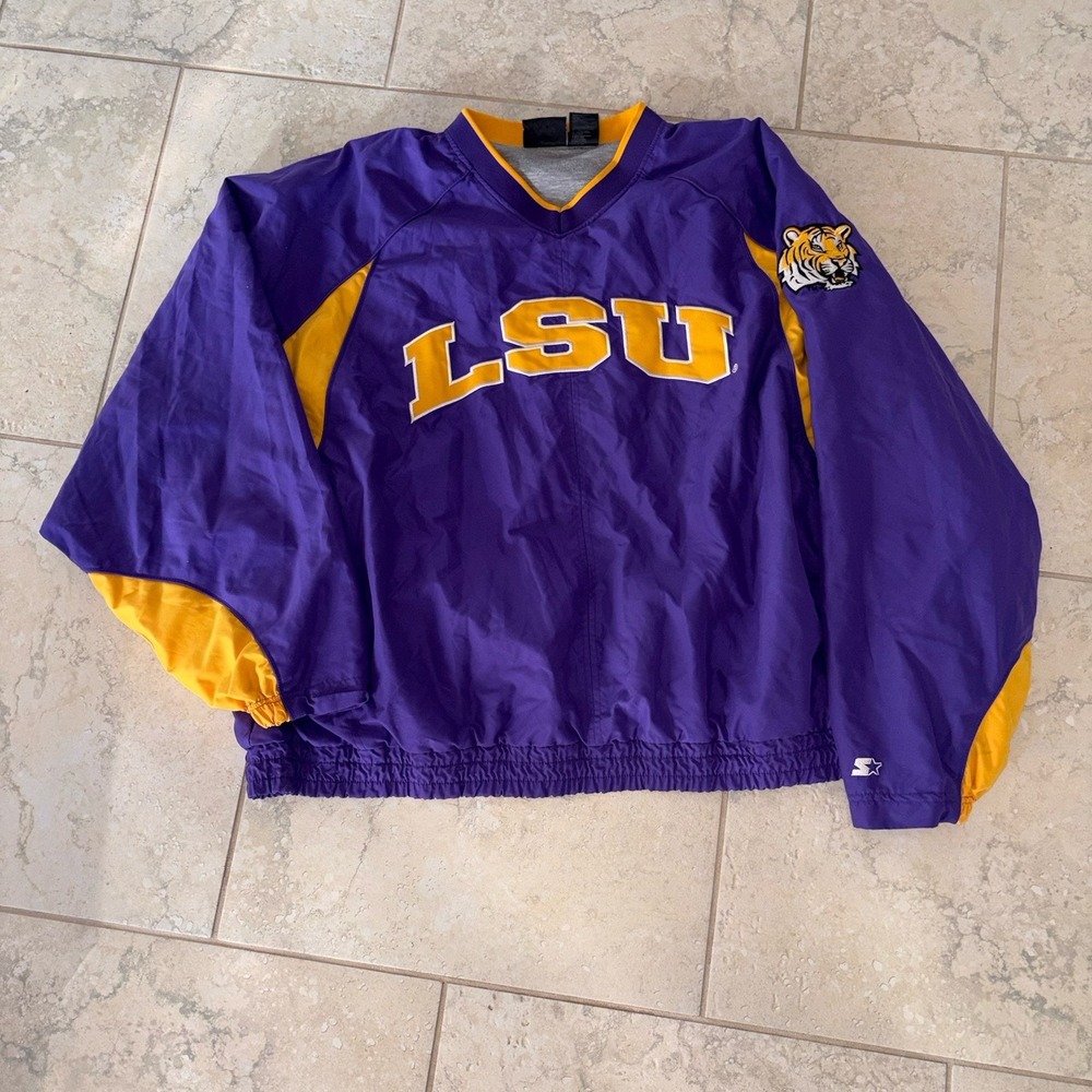 Vintage 90s LSU Tigers V-Neck Windbreaker Pullover Starter 3XL Purple Logo Lined